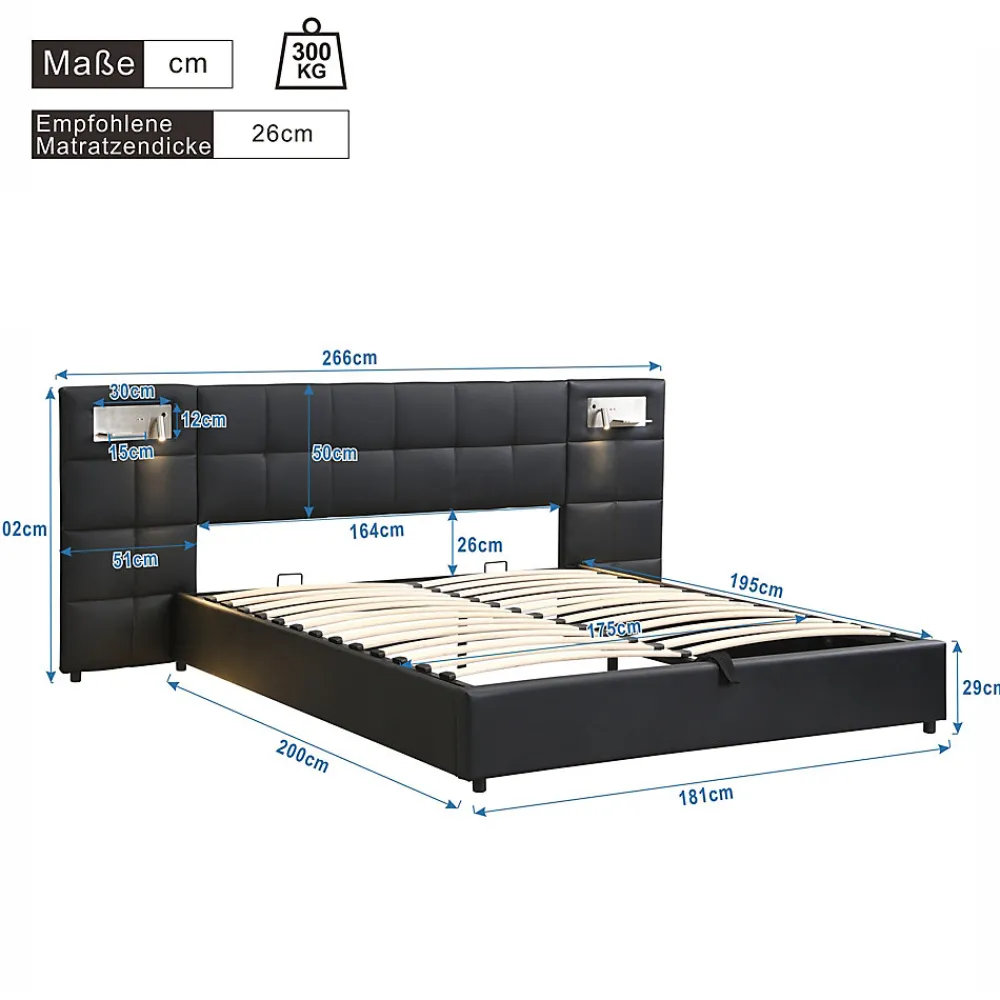 Lit 180x200 cm avec tête rembourrée, rangement hydraulique, port USB et recharge sans fil, PU noir>Redom Clearance