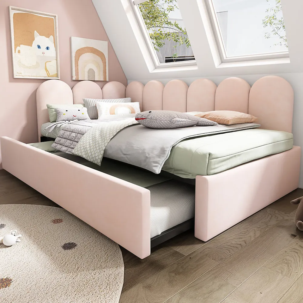 Lit 90x200 cm banquette tapissée velours rose avec lit gigogne 90x190 cm, cadre métal, dossier matelassé>Redom New