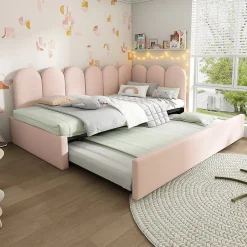 Lit 90x200 cm banquette tapissée velours rose avec lit gigogne 90x190 cm, cadre métal, dossier matelassé><noscript><img width=