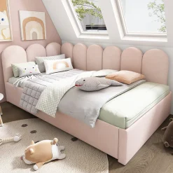 Lit 90x200 cm banquette tapissée velours rose avec lit gigogne 90x190 cm, cadre métal, dossier matelassé><noscript><img width=