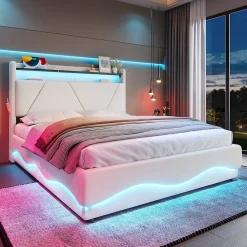 ProximaX Lit 140x200 cm beige avec LED, ports USB-C, rangement sous le lit et tête de lit design* Lit Double