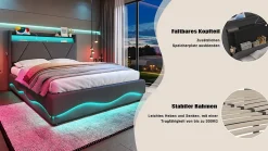 ProximaX Lit 140x200 cm beige avec LED, ports USB-C, rangement sous le lit et tête de lit design* Lit Double