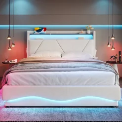 ProximaX Lit 160x200 cm beige avec LED, ports USB-C, rangement sous le lit et tête de lit design* Lit Double