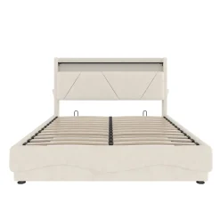 ProximaX Lit 160x200 cm beige avec LED, ports USB-C, rangement sous le lit et tête de lit design* Lit Double