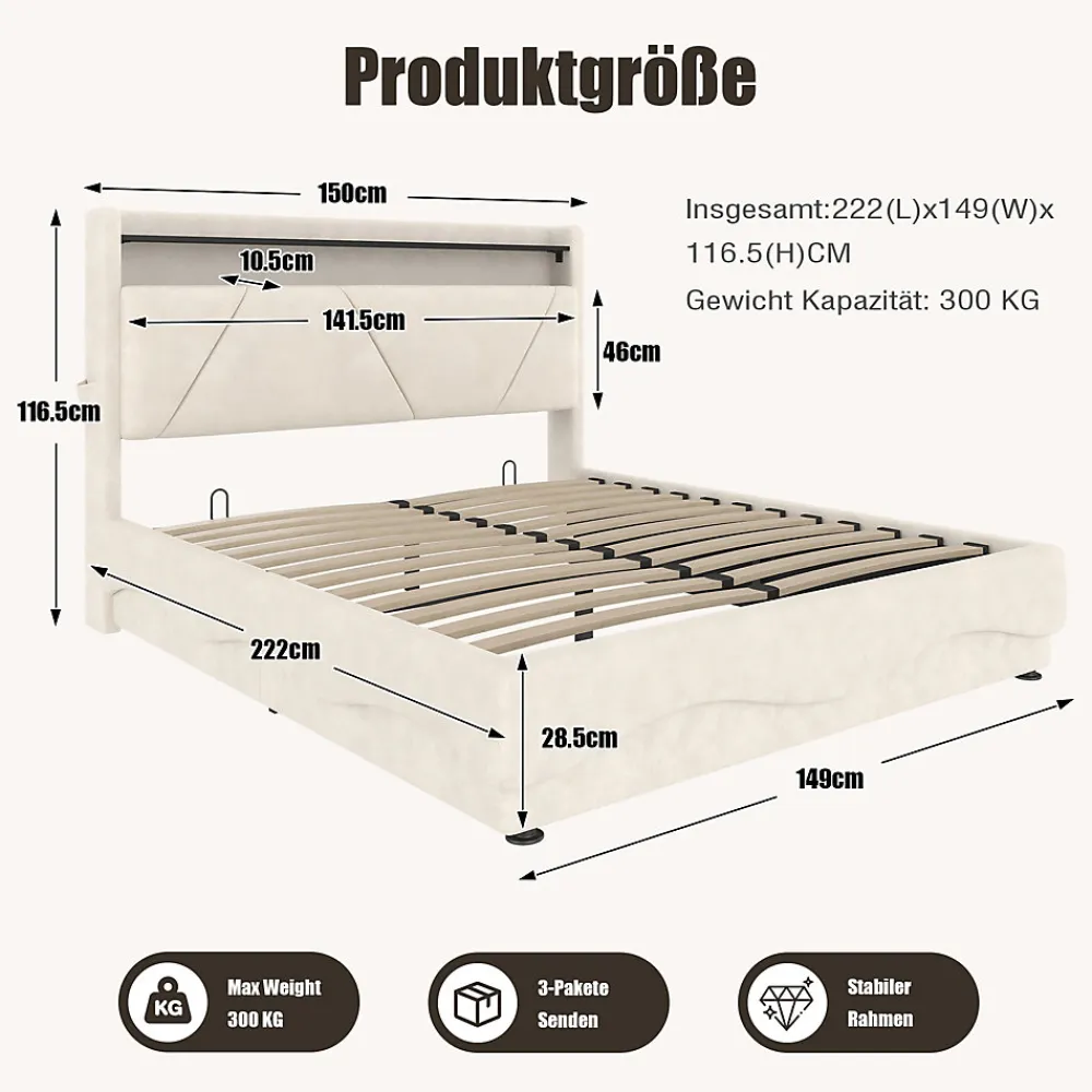 ProximaX Lit 160x200 cm beige avec LED, ports USB-C, rangement sous le lit et tête de lit design* Lit Double
