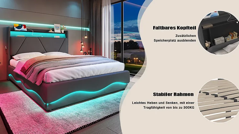 ProximaX Lit 160x200 cm beige avec LED, ports USB-C, rangement sous le lit et tête de lit design* Lit Double