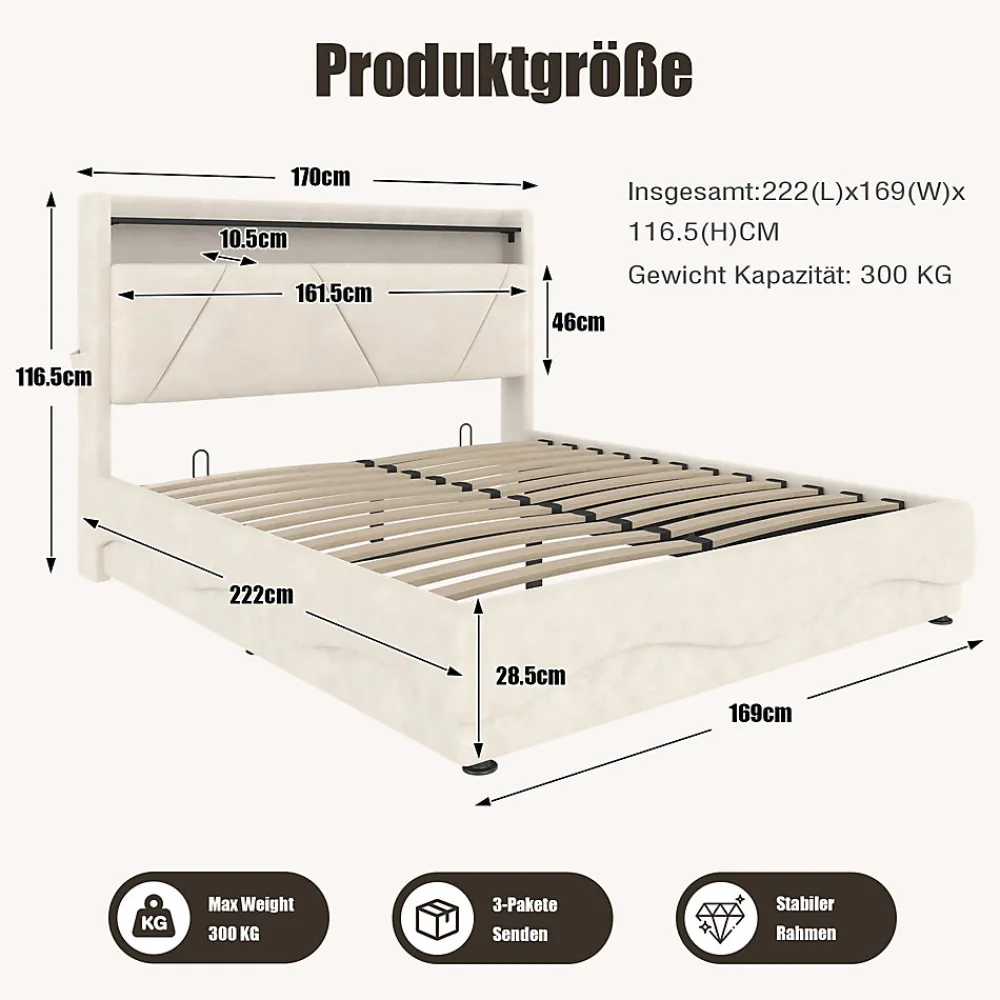 ProximaX Lit 160x200 cm beige avec LED, ports USB-C, rangement sous le lit et tête de lit design* Lit Double