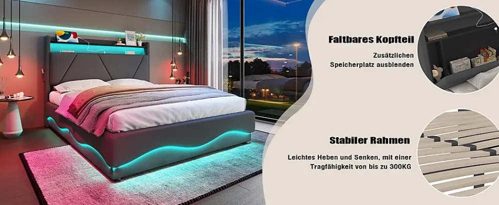 ProximaX Lit 160x200 cm beige avec LED, ports USB-C, rangement sous le lit et tête de lit design* Lit Double