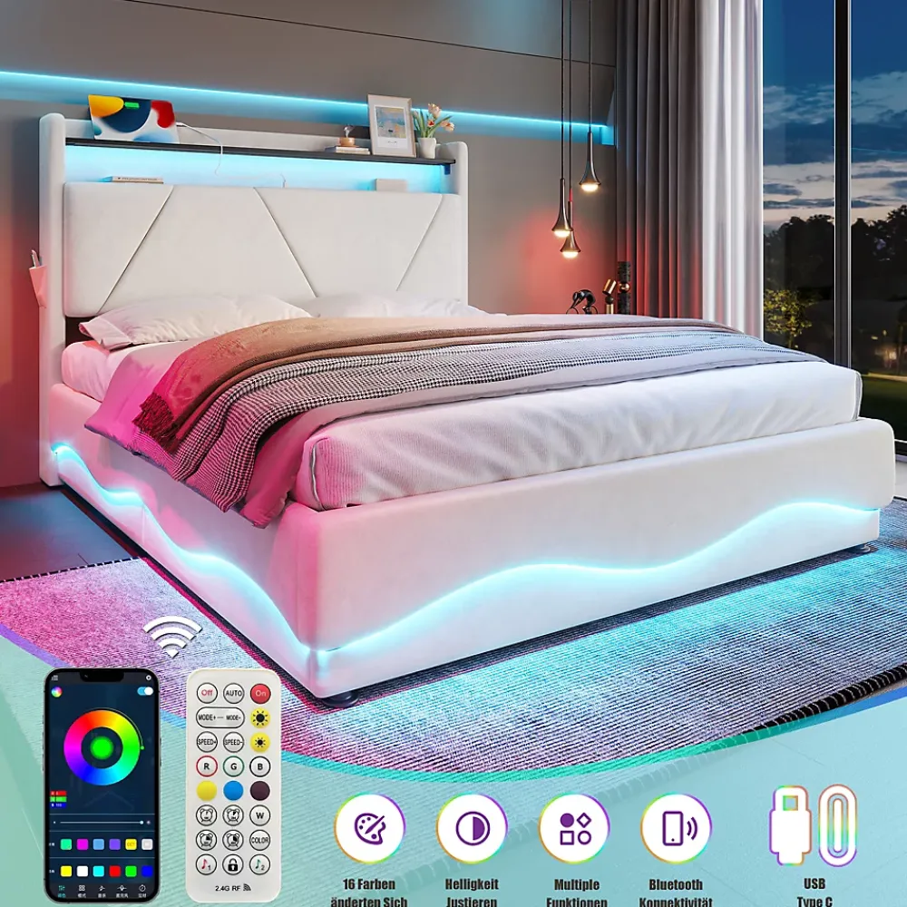 ProximaX Lit 160x200 cm beige avec LED, ports USB-C, rangement sous le lit et tête de lit design* Lit Double