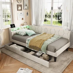 ProximaX Lit 90x200 cm beige en velours avec tiroirs et rangement, tête de lit LED, ports USB/Type-C, convertible en canapé ou lit simple* Lit Coffre