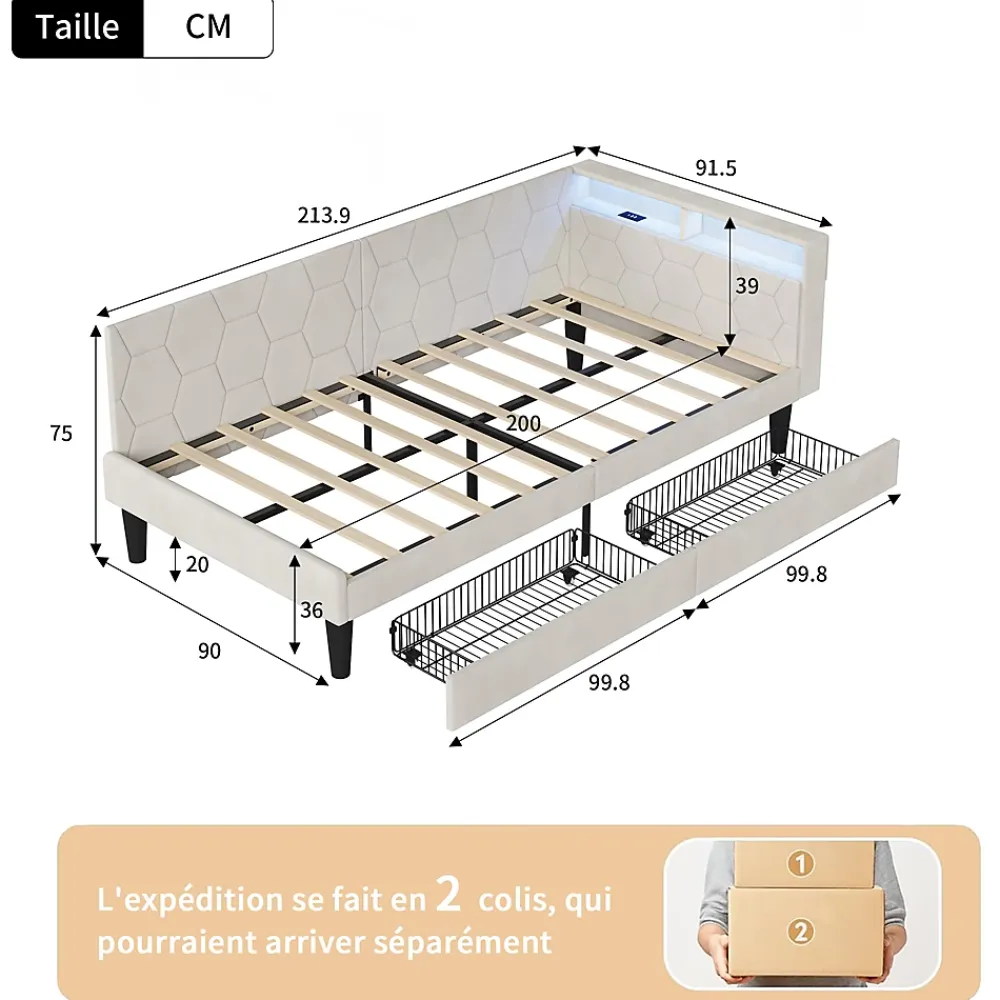 ProximaX Lit 90x200 cm beige en velours avec tiroirs et rangement, tête de lit LED, ports USB/Type-C, convertible en canapé ou lit simple* Lit Coffre
