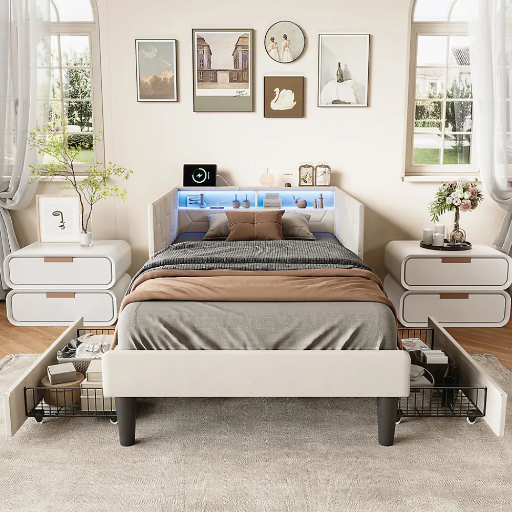 ProximaX Lit 90x200 cm beige en velours avec tiroirs et rangement, tête de lit LED, ports USB/Type-C, convertible en canapé ou lit simple* Lit Coffre