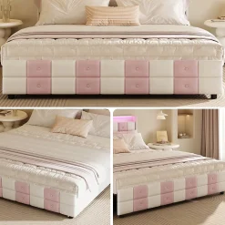 ProximaX Lit 140x190 cm blanc/rose en velours avec 4 tiroirs, LED 7 couleurs, ports USB, confort et rangement, style moderne* Lit Coffre