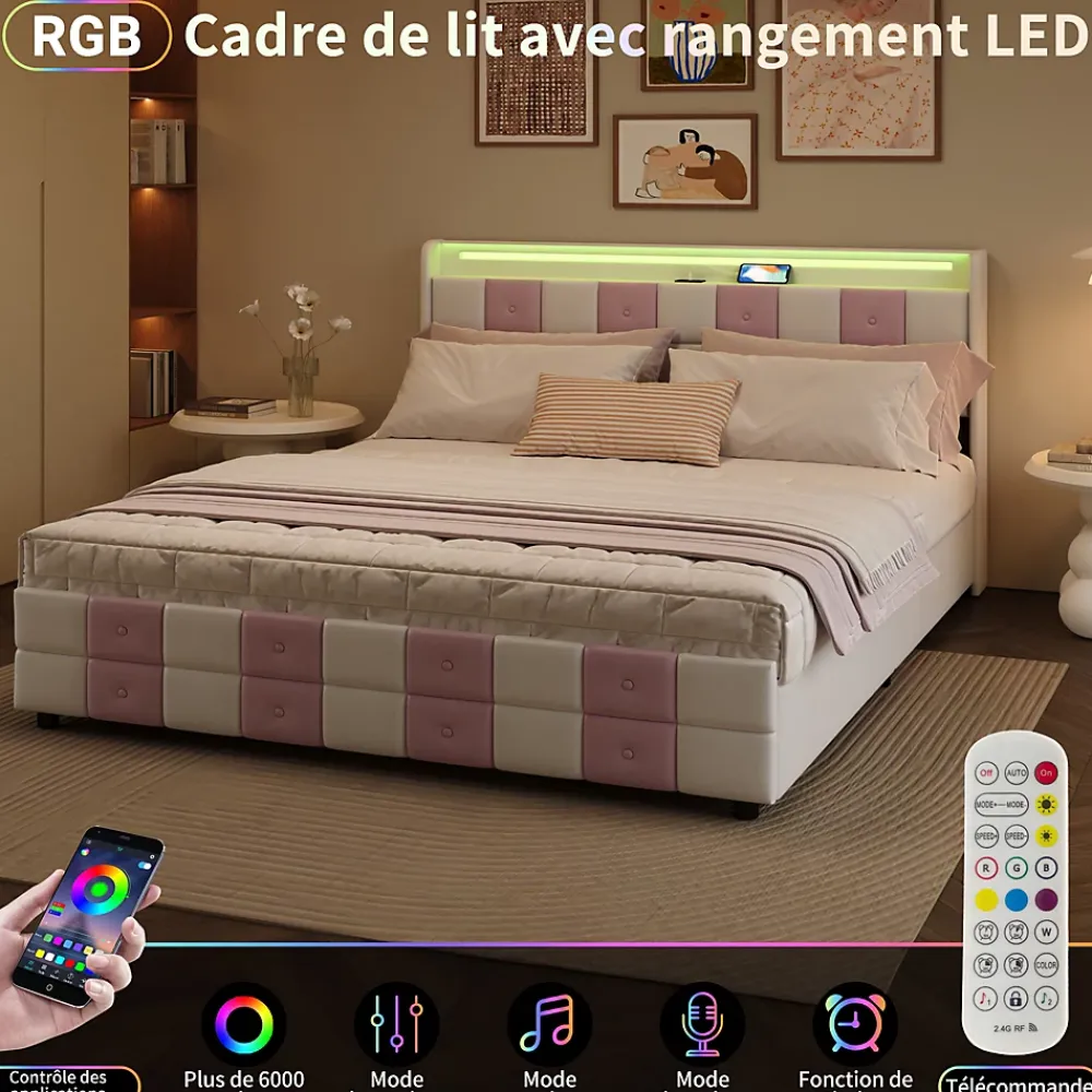 ProximaX Lit 140x190 cm blanc/rose en velours avec 4 tiroirs, LED 7 couleurs, ports USB, confort et rangement, style moderne* Lit Coffre