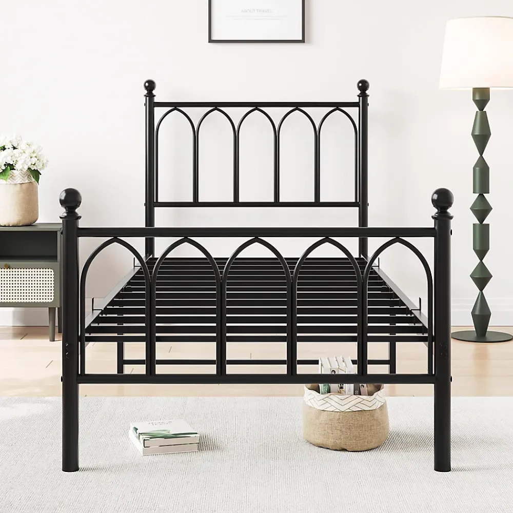 Redom Lit 90x200 cm cadre metal noir avec tete et pied hauts, lattes acier robustes et rangement sous lit 27 cm* Lit Simple