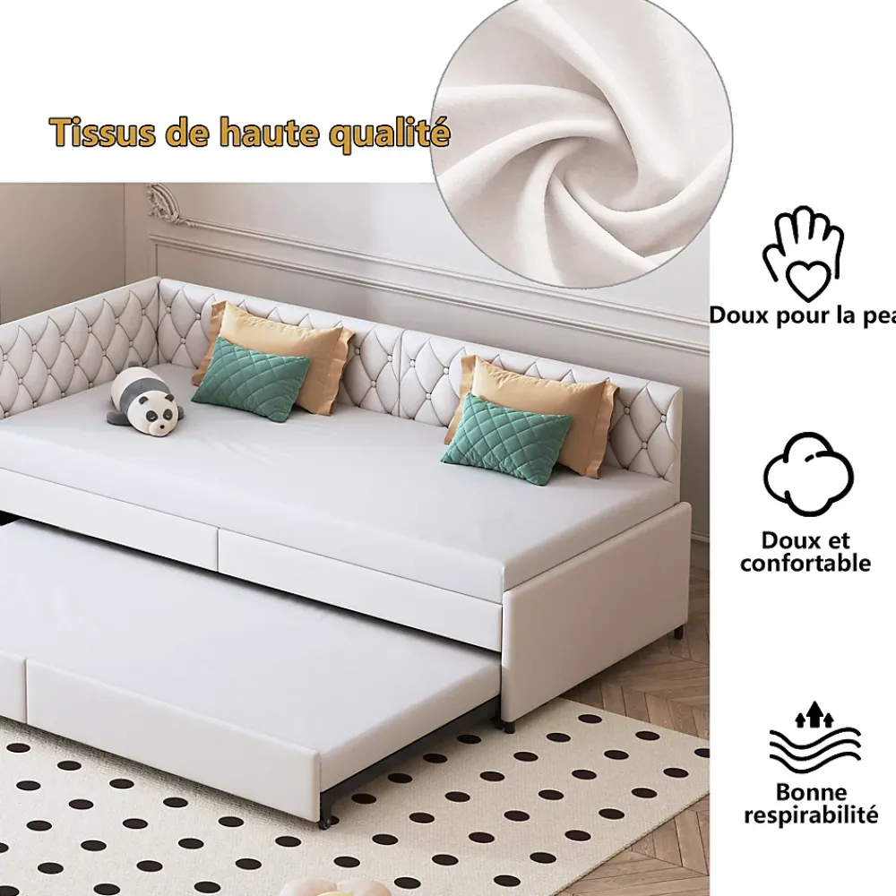 Simple Life Lit 90x200 cm, canapé convertible extensible avec sommier à lattes, velours, lit enfant et lit d'appoint - Beige* Lit Coffre