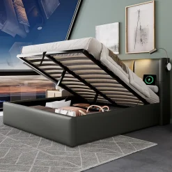 Lit 140x200 cm coffre avec sommier relevable, tête de lit tapissée PU gris et lampe de lecture à chargeur USB>Redom Clearance