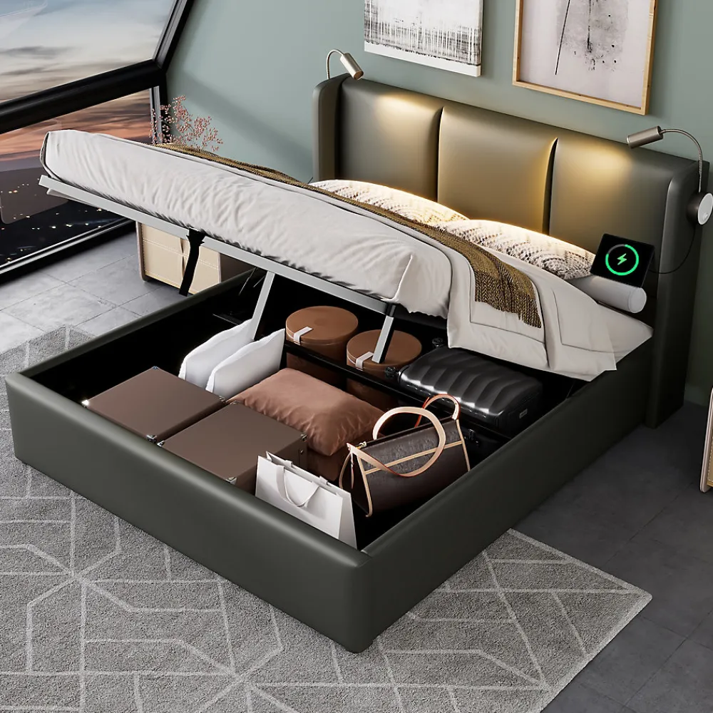 Lit 140x200 cm coffre avec sommier relevable, tête de lit tapissée PU gris et lampe de lecture à chargeur USB>Redom Clearance