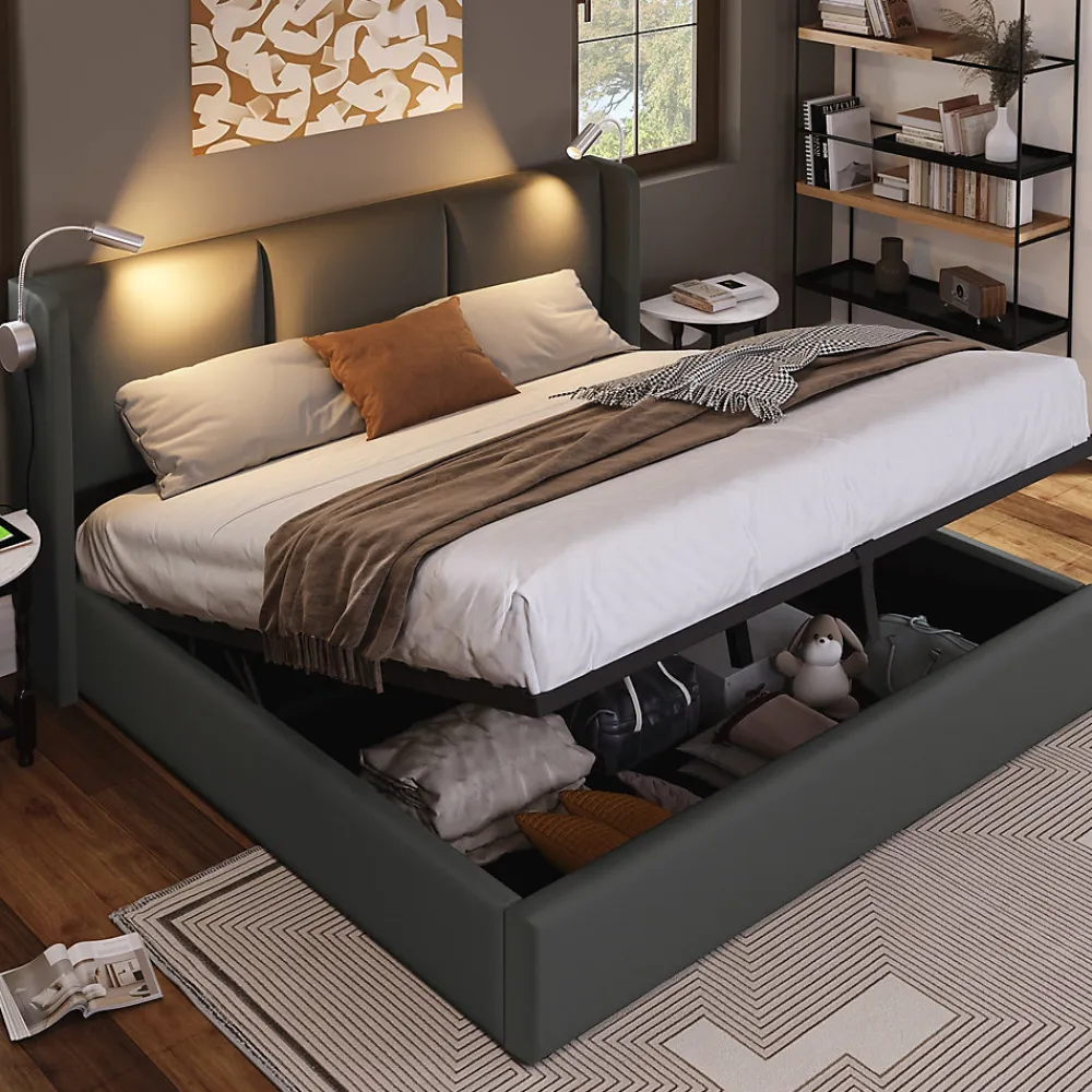 Lit 140x200 cm coffre avec sommier relevable, tête de lit tapissée PU gris et lampe de lecture à chargeur USB>Redom Clearance