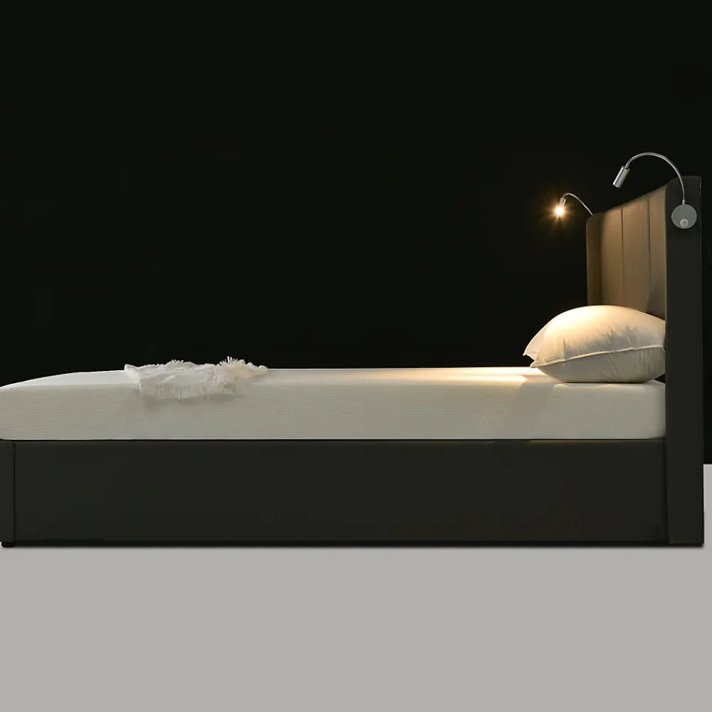 Lit 140x200 cm coffre avec sommier relevable, tête de lit tapissée PU gris et lampe de lecture à chargeur USB>Redom Clearance