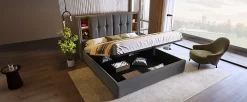 Redom Lit 180x200 cm coffre de rangement avec tête de lit charge sans fil, tapissé coton gris* Ensemble Sommier Et Matelas