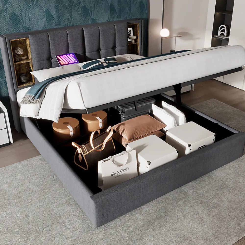 Redom Lit 180x200 cm coffre de rangement avec tête de lit charge sans fil, tapissé coton gris* Ensemble Sommier Et Matelas
