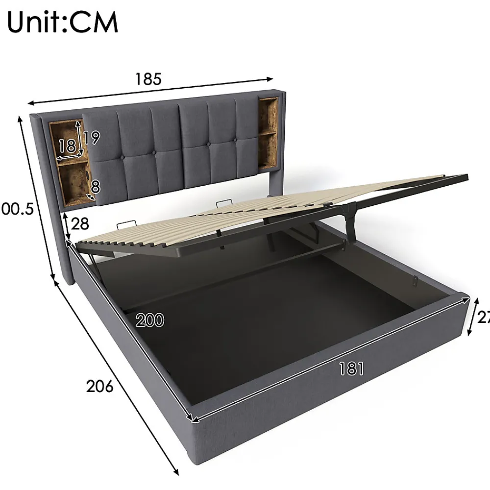 Redom Lit 180x200 cm coffre de rangement avec tête de lit charge sans fil, tapissé coton gris* Ensemble Sommier Et Matelas