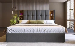 Redom Lit 180x200 cm coffre de rangement avec tête de lit charge sans fil, tapissé coton gris* Ensemble Sommier Et Matelas