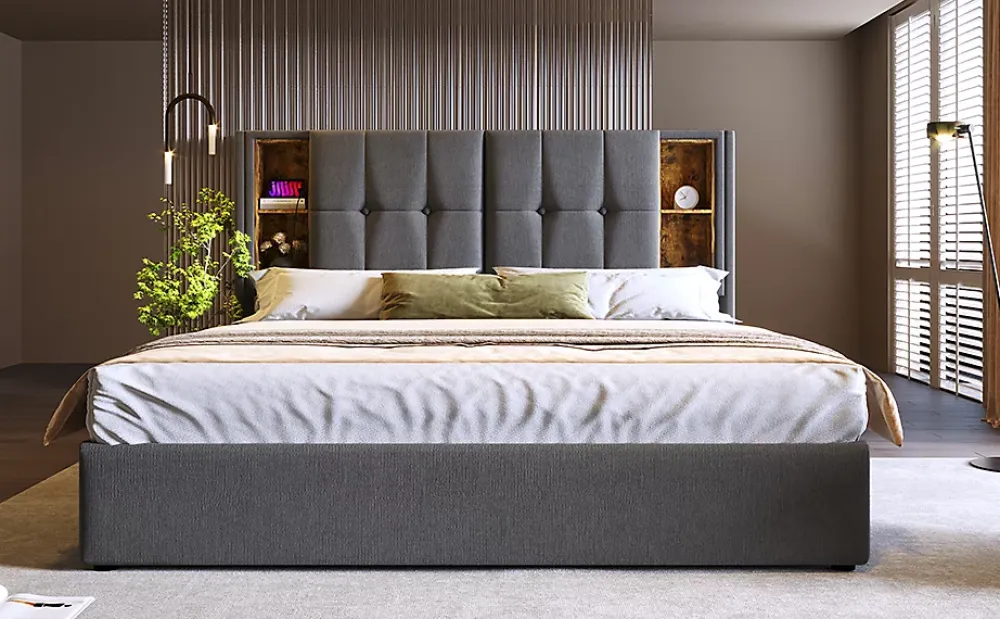 Redom Lit 180x200 cm coffre de rangement avec tête de lit charge sans fil, tapissé coton gris* Ensemble Sommier Et Matelas