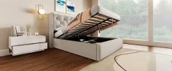 Redom Lit 160x200 cm coffre de rangement avec sommier relevable et tête de lit tapissée en coton gris clair* Ensemble Sommier Et Matelas