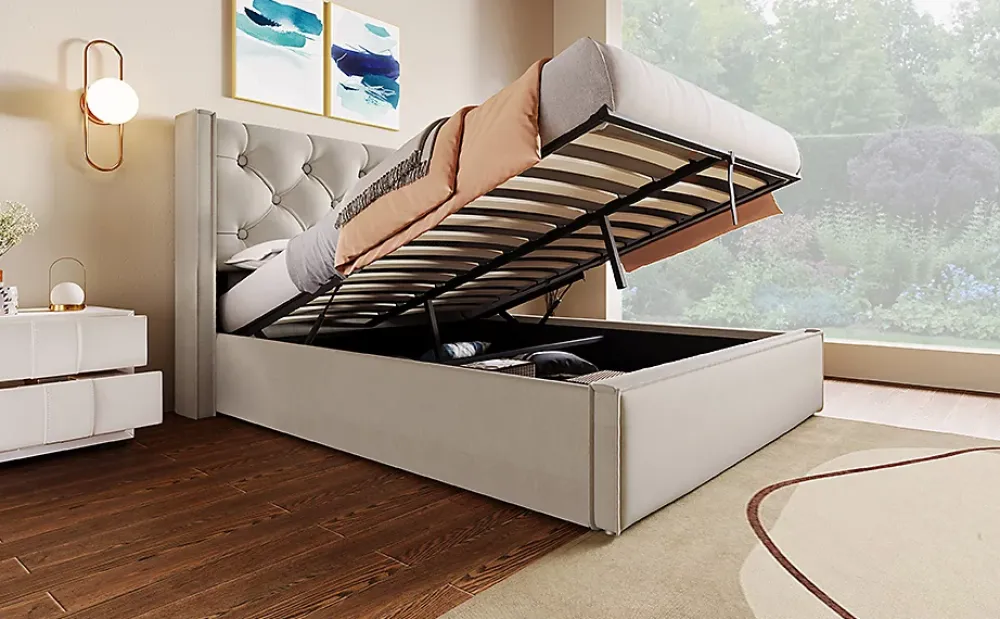 Redom Lit 160x200 cm coffre de rangement avec sommier relevable et tête de lit tapissée en coton gris clair* Ensemble Sommier Et Matelas
