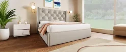 Redom Lit 160x200 cm coffre de rangement avec sommier relevable et tête de lit tapissée en coton gris clair* Ensemble Sommier Et Matelas