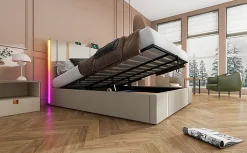 Lit 180x200 cm coffre de rangement et sommier relevable, tapissé lin beige, ports USB/Type-C, éclairage LED>Redom Clearance