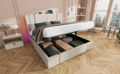 Lit 180x200 cm coffre de rangement et sommier relevable, tapissé lin beige, ports USB/Type-C, éclairage LED><noscript><img width=