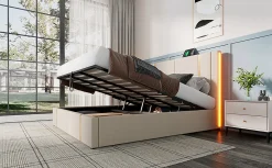 Lit 180x200 cm coffre de rangement et sommier relevable, tapissé lin beige, ports USB/Type-C, éclairage LED><noscript><img width=