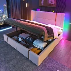 Lit 180x200 cm coffre de rangement et sommier relevable, tapissé lin beige, ports USB/Type-C, éclairage LED><noscript><img width=