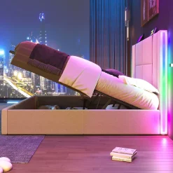 Lit 180x200 cm coffre de rangement et sommier relevable, tapissé lin beige, ports USB/Type-C, éclairage LED><noscript><img width=
