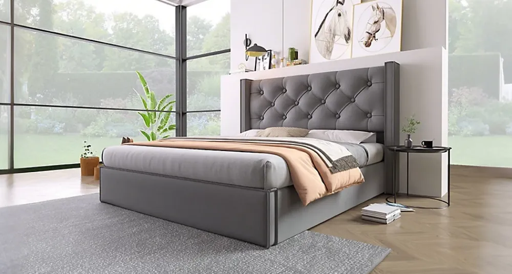 Redom Lit 160x200 cm coffre de rangement avec sommier relevable et tête de lit capitonnée en tissu coton gris* Ensemble Sommier Et Matelas