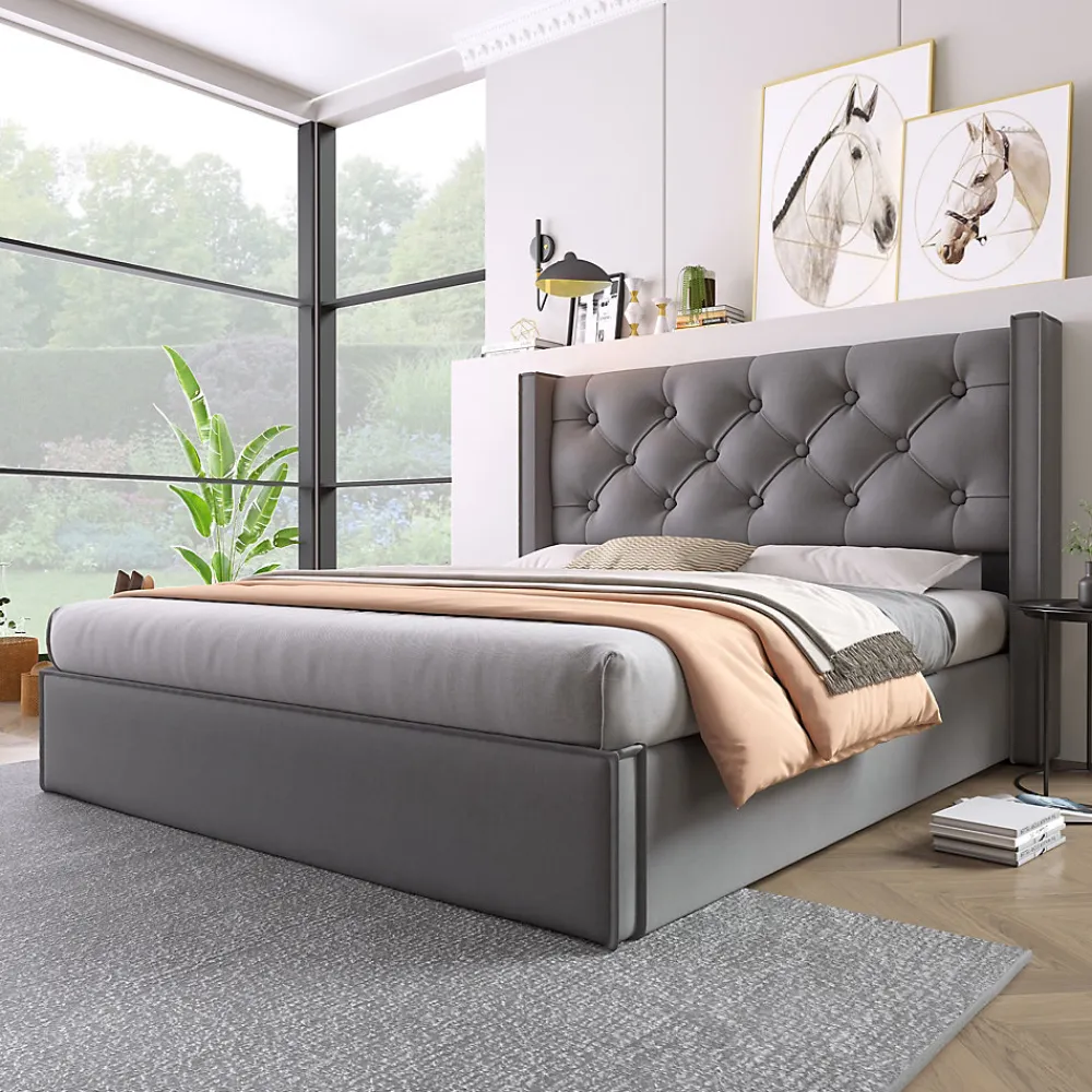 Redom Lit 160x200 cm coffre de rangement avec sommier relevable et tête de lit capitonnée en tissu coton gris* Ensemble Sommier Et Matelas
