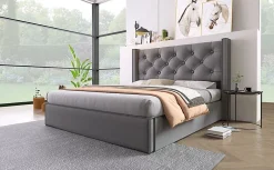 Redom Lit 160x200 cm coffre de rangement avec sommier relevable et tête de lit capitonnée en tissu coton gris* Ensemble Sommier Et Matelas