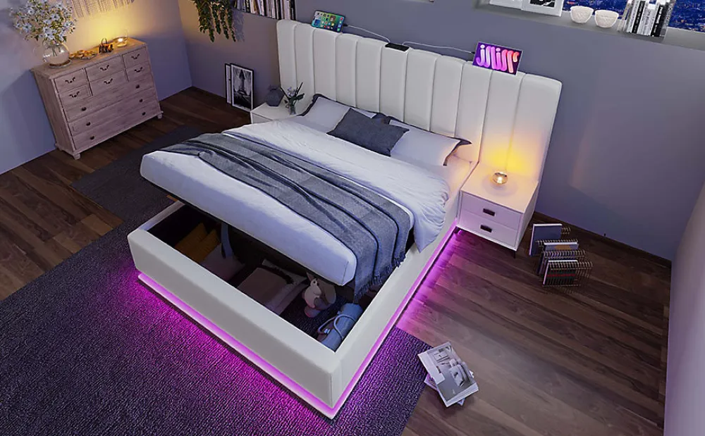 Redom Lit 180x200 cm coffre de rangement hydraulique LED 360 pilotable revêtement PU blanc ports USB Type C* Ensemble Sommier Et Matelas