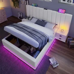 Redom Lit 180x200 cm coffre de rangement hydraulique LED 360 pilotable revêtement PU blanc ports USB Type C* Ensemble Sommier Et Matelas