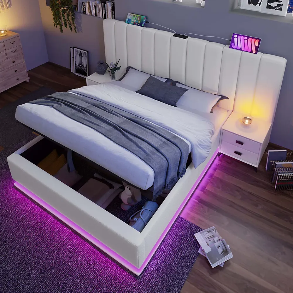 Redom Lit 180x200 cm coffre de rangement hydraulique LED 360 pilotable revêtement PU blanc ports USB Type C* Ensemble Sommier Et Matelas