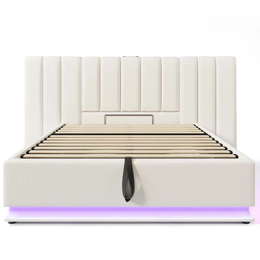 Redom Lit 180x200 cm coffre de rangement hydraulique LED 360 pilotable revêtement PU blanc ports USB Type C* Ensemble Sommier Et Matelas