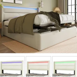 Lit 160x200 cm coffre de rangement avec sommier relevable, tête de lit LED tapissée PU blanc, style contemporain>Redom Online
