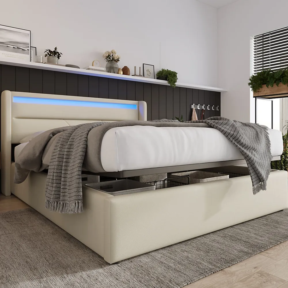 Lit 160x200 cm coffre de rangement avec sommier relevable, tête de lit LED tapissée PU blanc, style contemporain>Redom Online
