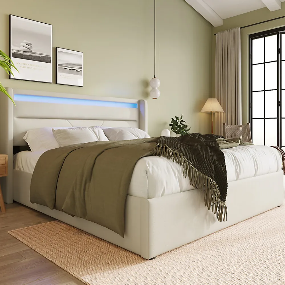 Lit 160x200 cm coffre de rangement avec sommier relevable, tête de lit LED tapissée PU blanc, style contemporain>Redom Online