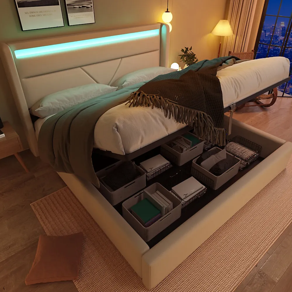 Lit 160x200 cm coffre de rangement avec sommier relevable, tête de lit LED tapissée PU blanc, style contemporain>Redom Online