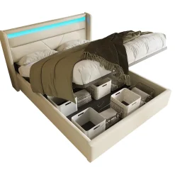 Lit 160x200 cm coffre de rangement avec sommier relevable, tête de lit LED tapissée PU blanc, style contemporain><noscript><img width=