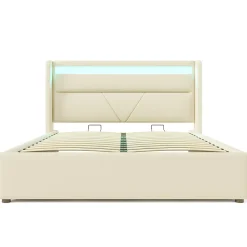 Lit 160x200 cm coffre de rangement avec sommier relevable, tête de lit LED tapissée PU blanc, style contemporain><noscript><img width=
